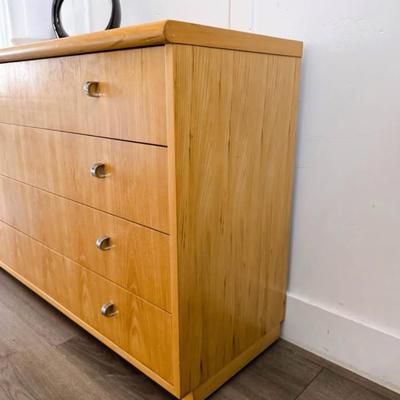 Vintage 1970’s Postmodern Large 4-Drawer Blonde Pecan Bachelor Chest Dresser w/Chrome Pulls by Founders