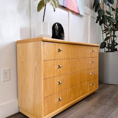Vintage 1970’s Postmodern Large 4-Drawer Blonde Pecan Bachelor Chest Dresser w/Chrome Pulls by Founders