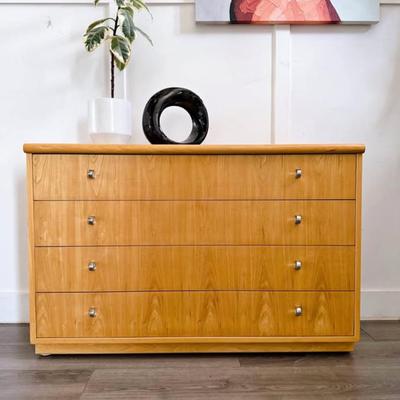 Vintage 1970’s Postmodern Large 4-Drawer Blonde Pecan Bachelor Chest Dresser w/Chrome Pulls by Founders