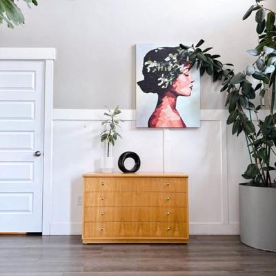 Vintage 1970’s Postmodern Large 4-Drawer Blonde Pecan Bachelor Chest Dresser w/Chrome Pulls by Founders