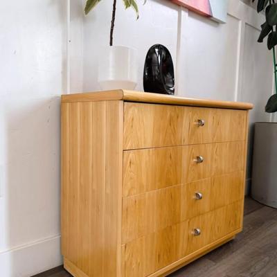 Vintage 1970’s Postmodern Petite 4-Drawer Blonde Pecan Bachelor Chest Dresser w/Chrome Pulls by Founders
