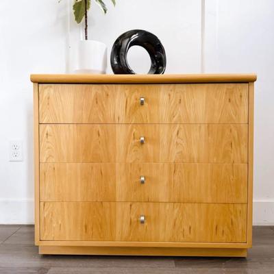 Vintage 1970’s Postmodern Petite 4-Drawer Blonde Pecan Bachelor Chest Dresser w/Chrome Pulls by Founders