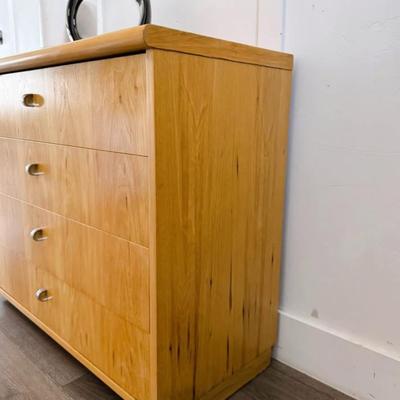 Vintage 1970’s Postmodern Petite 4-Drawer Blonde Pecan Bachelor Chest Dresser w/Chrome Pulls by Founders