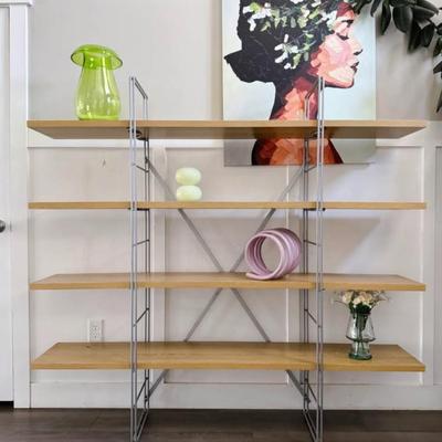 Circa 2002 Discontinued Chrome & Natural Wood Enetri “Moment Bookcase” 1980’s Repro by Niels Gammelgaard for Ikea• Sweden