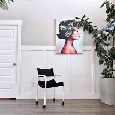 Vintage Postmodern White Powder Coated Tubular Sling Chair Desk Office w/Black Upholstery & Black Casters