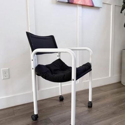 Vintage Postmodern White Powder Coated Tubular Sling Chair Desk Office w/Black Upholstery & Black Casters