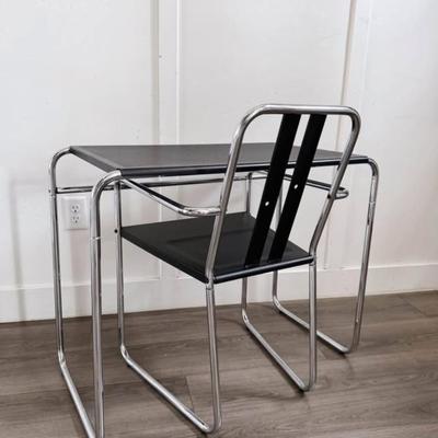 Vintage 1980’s Postmodern Black Sheet Metal & Tubular Chrome Framed Bauhaus Perforated Desk & “Innovator” Chair by Habitat