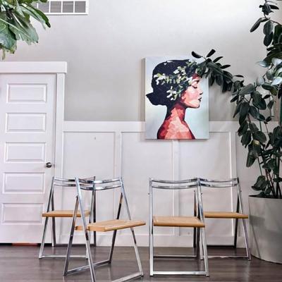 Set of 4 Vintage Mid Century Italian Style Caned Folding Dining Chairs w/Chrome Frame • Made in Taiwan