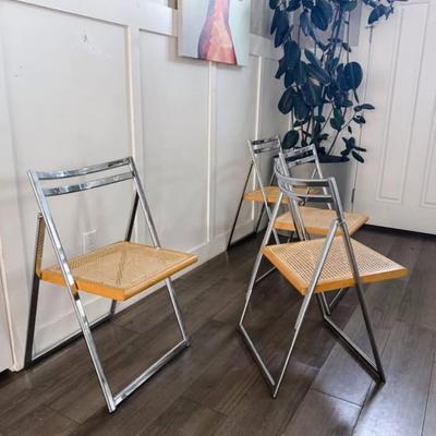 Set of 4 Vintage Mid Century Italian Style Caned Folding Dining Chairs w/Chrome Frame • Made in Taiwan