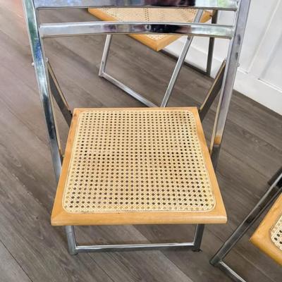 Set of 4 Vintage Mid Century Italian Style Caned Folding Dining Chairs w/Chrome Frame • Made in Taiwan