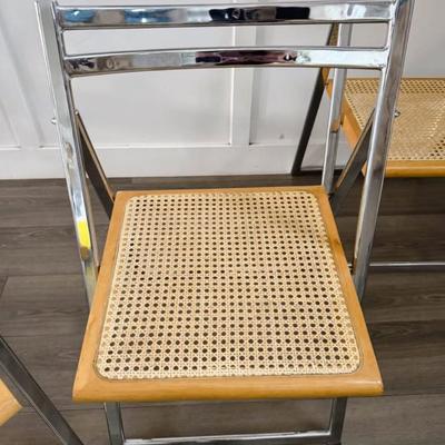 Set of 4 Vintage Mid Century Italian Style Caned Folding Dining Chairs w/Chrome Frame • Made in Taiwan