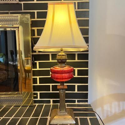 Vintage Cranberry Glass Oil Lamp Converted to Electric Table Lamp