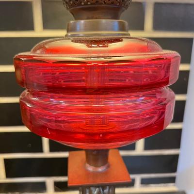 Vintage Cranberry Glass Oil Lamp Converted to Electric Table Lamp