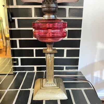 Vintage Cranberry Glass Oil Lamp Converted to Electric Table Lamp