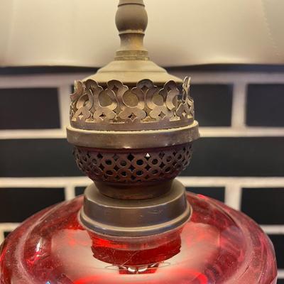 Vintage Cranberry Glass Oil Lamp Converted to Electric Table Lamp