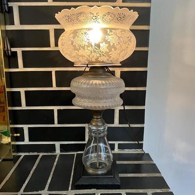 Vintage Frosted Glass Oil Lamp Converted to Electric Tabletop Lamp