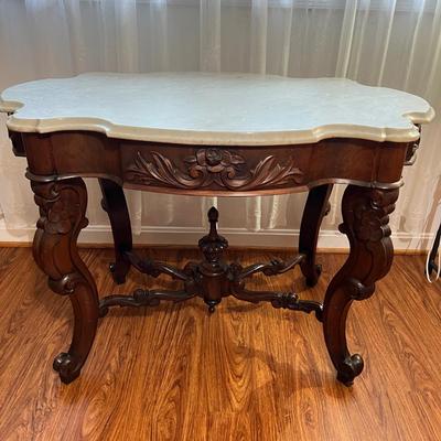 Vintage Carved Wood Marble Top Parlor Table
