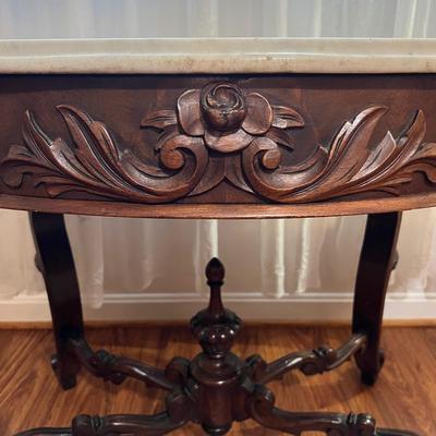 Vintage Carved Wood Marble Top Parlor Table