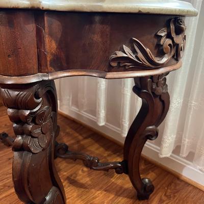 Vintage Carved Wood Marble Top Parlor Table