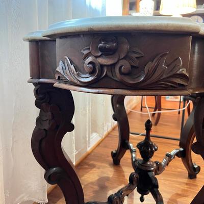 Vintage Carved Wood Marble Top Parlor Table