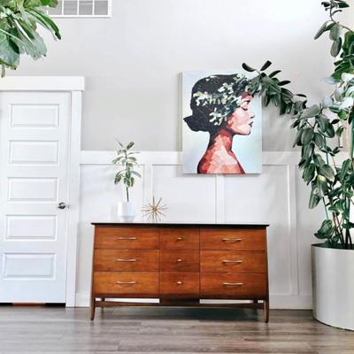 Vintage Mid Century 9-Drawer Walnut Dresser Credenza w/Sculptural Tapered Legs by LA Period Furniture