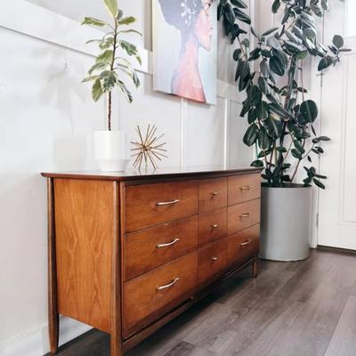 Vintage Mid Century 9-Drawer Walnut Dresser Credenza w/Sculptural Tapered Legs by LA Period Furniture