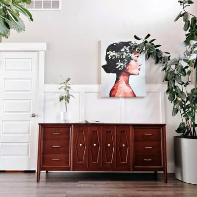 Vintage Mid Century 9-Drawer Dresser Credenza w/Diamond Facade, Accordion Front Doors, Silver Hardware & Tapered Legs