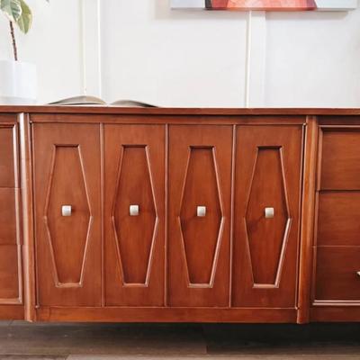 Vintage Mid Century 9-Drawer Dresser Credenza w/Diamond Facade, Accordion Front Doors, Silver Hardware & Tapered Legs