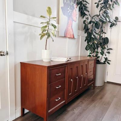 Vintage Mid Century 9-Drawer Dresser Credenza w/Diamond Facade, Accordion Front Doors, Silver Hardware & Tapered Legs