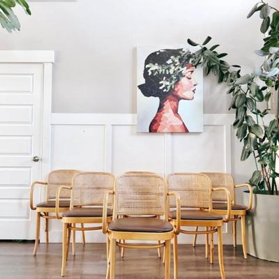 Set of 6 Vintage Cane Back Bentwood Captain’s Dining Prague Chairs w/Brown Vinyl Seats by Josef Frank & Josef Hoffmann for Thonet