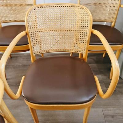 Set of 6 Vintage Cane Back Bentwood Captain’s Dining Prague Chairs w/Brown Vinyl Seats by Josef Frank & Josef Hoffmann for Thonet