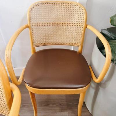 Set of 6 Vintage Cane Back Bentwood Captain’s Dining Prague Chairs w/Brown Vinyl Seats by Josef Frank & Josef Hoffmann for Thonet
