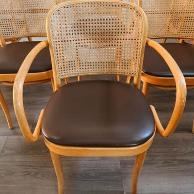 Set of 6 Vintage Cane Back Bentwood Captain’s Dining Prague Chairs w/Brown Vinyl Seats by Josef Frank & Josef Hoffmann for Thonet