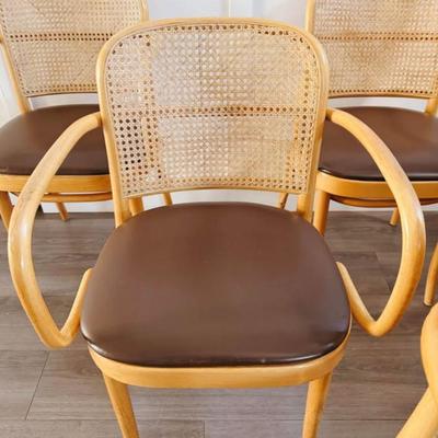 Set of 6 Vintage Cane Back Bentwood Captain’s Dining Prague Chairs w/Brown Vinyl Seats by Josef Frank & Josef Hoffmann for Thonet