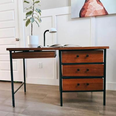 Vintage Mid Century 1950’s Writing Desk w/Caged Black Steel Frame & Matching Black Hardware by Vista of California