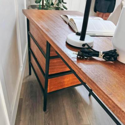Vintage Mid Century 1950’s Writing Desk w/Caged Black Steel Frame & Matching Black Hardware by Vista of California