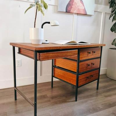 Vintage Mid Century 1950’s Writing Desk w/Caged Black Steel Frame & Matching Black Hardware by Vista of California
