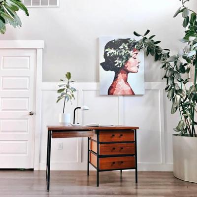 Vintage Mid Century 1950’s Writing Desk w/Caged Black Steel Frame & Matching Black Hardware by Vista of California