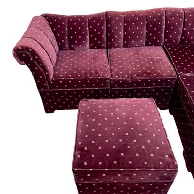 Vintage Postmodern 6-Piece Maroon Square Dotted Shell Channel Tufted Velvet Sectional Sofa Couch w/Parson’s Wrapped Legs & Matching...