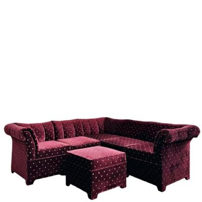 Vintage Postmodern 6-Piece Maroon Square Dotted Shell Channel Tufted Velvet Sectional Sofa Couch w/Parson’s Wrapped Legs & Matching...