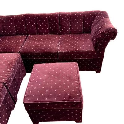 Vintage Postmodern 6-Piece Maroon Square Dotted Shell Channel Tufted Velvet Sectional Sofa Couch w/Parson’s Wrapped Legs & Matching...