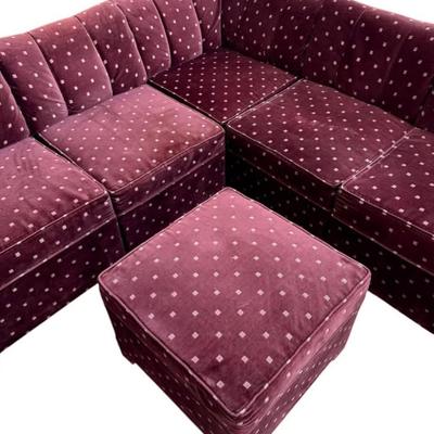 Vintage Postmodern 6-Piece Maroon Square Dotted Shell Channel Tufted Velvet Sectional Sofa Couch w/Parson’s Wrapped Legs & Matching...