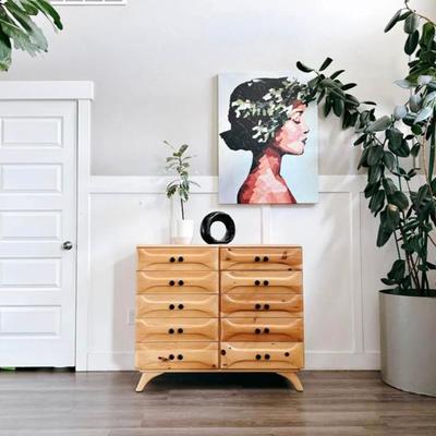 Vintage Mid Century 1950’s 10-Drawer Sculptured Pine Dresser Credenza w/Sculptural Facade Drawers & Tapered Legs by Franklin Shockey