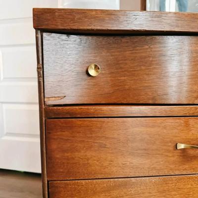 Vintage Mid Century 6-Drawer Lowboy Walnut Dresser Credenza w/Fluted Facade, Bow Front Top Drawers, Brass Hardware, Tapered Legs &...