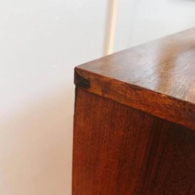 Vintage Mid Century 5-Drawer Highboy Walnut Dresser w/Sculptural Wood Facade & Tapered Legs by Basic Witz