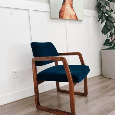 Vintage Mid Century Scandinavian Peacock Blue Mohair Velvet Upholstered Armchair w/Oak Sled Legs