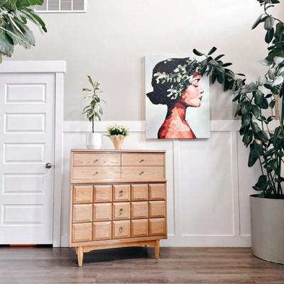 Vintage Mid Century 6-Drawer Highboy Dresser w/Square Puffed Facade, Original Hardware & Tapered Legs by LA Period Furniture