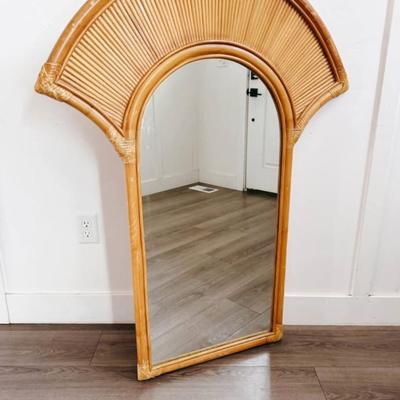 Vintage 1970’s La Barge Bamboo Rattan Wooden Faux Bamboo Fan Wall Mirror