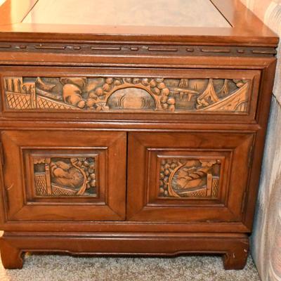Sale Photo Thumbnail #31: Top has some scratches in the wood. Otherwise in good condition. 22 x 22 x 22 inches, Table has one drawer and one shelf behind doors.