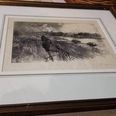 1800's Black and White Waterfront Art Piece